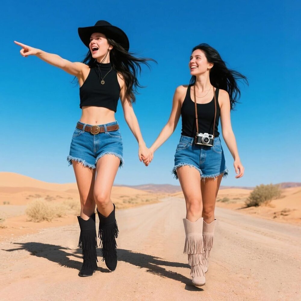 🆕Women Retro Pointed Faux Suede Black Fringe Knee High Western Cowgirl Boot - Picture 5 of 7